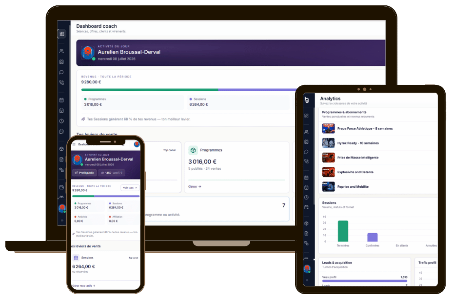 The BoulderGain coach dashboard on laptop, tablet and phone